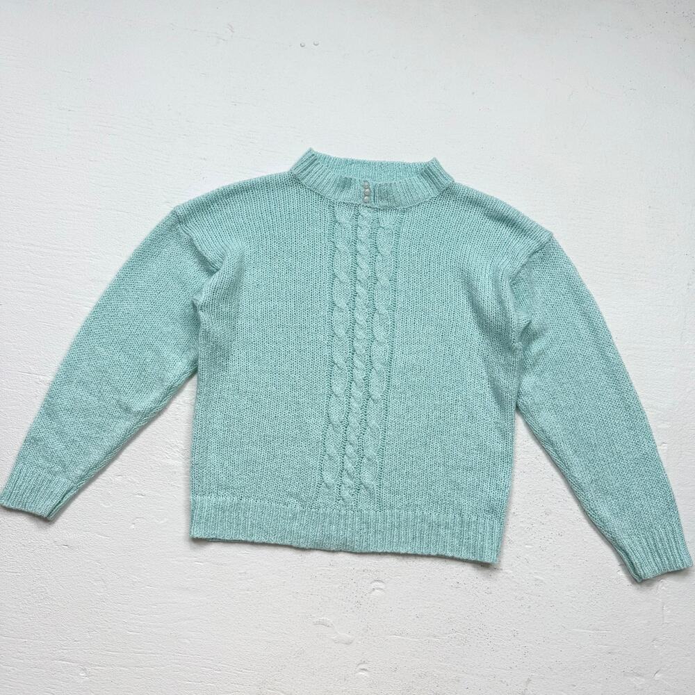 Vintage Sterling Harris Pearl Neck Sweater Medium Turquoise Cable Knit 80s
